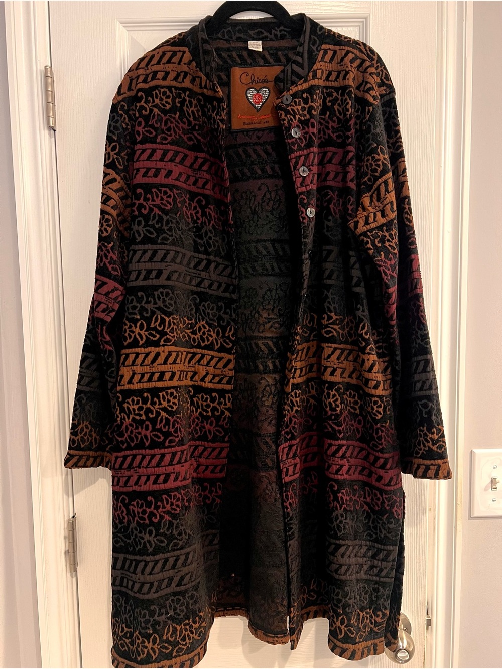 Tapestry Duster Jacket Textured Ombré Autumn Mandarin Collar Coatigan XL Chico’s